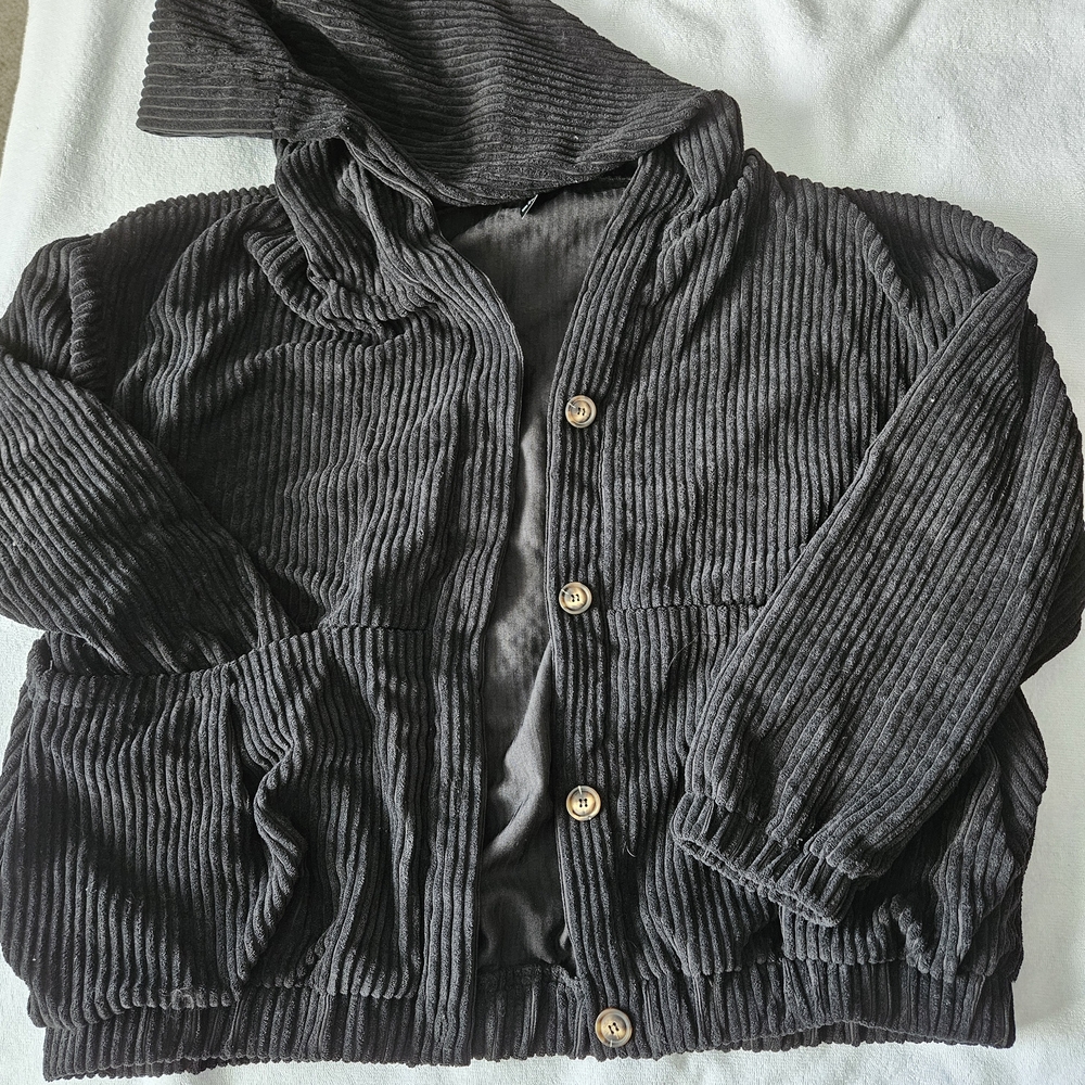 Black Corduroy Jacket with Hood and Elastic Hem